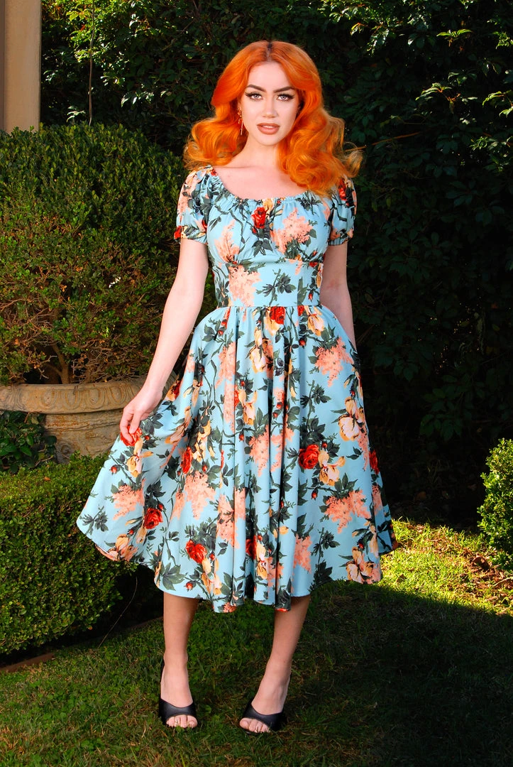 Marie-Thérèse Short Sleeved Peasant Dress In Sherbet Bella Roses Twill | Pinup Couture What's New, Pussycat? 6 Marie-Thérèse Short Sleeved Peasant Dress In Sherbet Bella Roses Twill | Pinup Couture What's New, Pussycat?