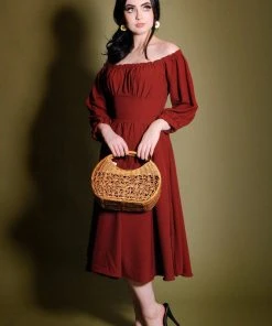 Shop All In-Stock Items By Size Marie-Thérèse Peasant Dress In Merlot Poly Crepe | Pinup Couture