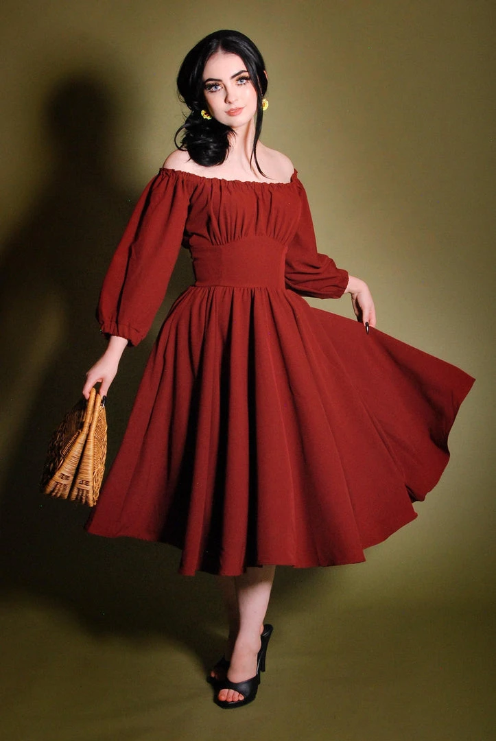 Marie-Thérèse Peasant Dress In Merlot Poly Crepe | Pinup Couture 3 Marie-Thérèse Peasant Dress In Merlot Poly Crepe | Pinup Couture