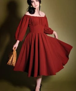 Shop All In-Stock Items By Size Marie-Thérèse Peasant Dress In Merlot Poly Crepe | Pinup Couture