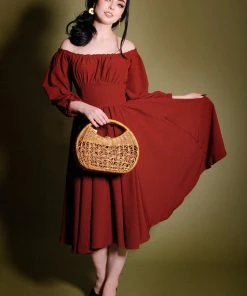Shop All In-Stock Items By Size Marie-Thérèse Peasant Dress In Merlot Poly Crepe | Pinup Couture