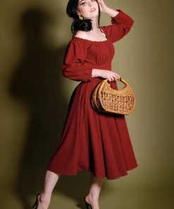 Shop All In-Stock Items By Size Marie-Thérèse Peasant Dress In Merlot Poly Crepe | Pinup Couture