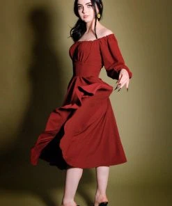 Marie-Thérèse Peasant Dress In Merlot Poly Crepe | Pinup Couture