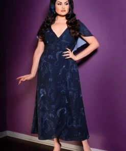 Laura Byrnes Design Final Sale - Ashley 70s Faux Wrap Maxi Dress With Cape Sleeves In Witchy Toile Print | Laura Byrnes