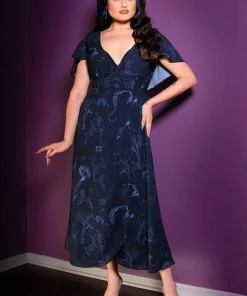 Laura Byrnes Design Final Sale - Ashley 70s Faux Wrap Maxi Dress With Cape Sleeves In Witchy Toile Print | Laura Byrnes