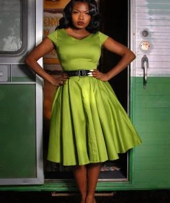 Pinupgirlclothing.com Shop All In-Stock Items By Size Final Sale - Celia Vintage Swing Dress In Olive Cotton Sateen | Pinup Couture