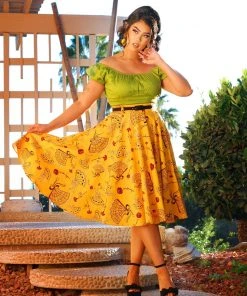 Pinupy Girl Store 5 LBHM Final Sale - Doris Vintage Swing Skirt In Mustard Spanish Fans | Laura Byrnes & Hope Johnstun