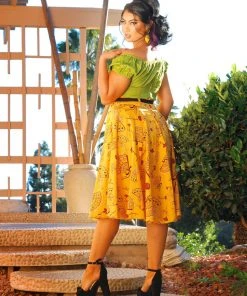 LBHM Final Sale - Doris Vintage Swing Skirt In Mustard Spanish Fans | Laura Byrnes & Hope Johnstun