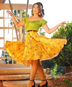 LBHM Shop All In-Stock Items By Size Final Sale - Doris Vintage Swing Skirt In Mustard Spanish Fans | Laura Byrnes & Hope Johnstun