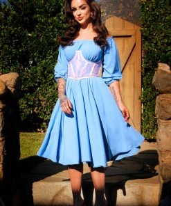 Final Sale - Marie-Thérèse Peasant Dress In Chambray Poly Crepe | Pinup Couture Shop All In-Stock Items By Size