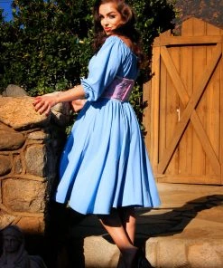 Final Sale - Marie-Thérèse Peasant Dress In Chambray Poly Crepe | Pinup Couture Shop All In-Stock Items By Size