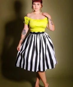 What's New, Pussycat? Bella Vintage Gathered Swing Skirt In Black And White Mark Stripe Cotton Sateen | Pinup Couture
