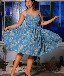 LBHM Final Sale - Jenny Vintage Day Dress In Teal Spanish Fans Crepe | Laura Byrnes & Hope Morrison Shop All In-Stock Items By Size