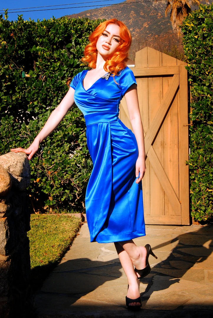 What's New, Pussycat? Ava Faux Wrap Wiggle Dress In Royal Blue Satin | Pinup Couture 5 What's New, Pussycat? Ava Faux Wrap Wiggle Dress In Royal Blue Satin | Pinup Couture