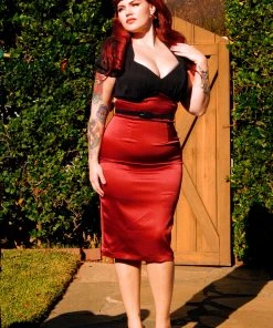 Deadly Dames Feronia Wiggle Dress In Wine Satin | Pinup Couture