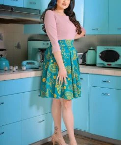 LBHM Final Sale - Little Jun Pleated Skirt In Teal Spanish Fans Print | Laura Byrnes & Hope Johnstun Shop All In-Stock Items By Size