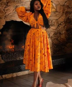 LBHM Donna Vintage Circle Skirt In Mustard Spanish Fans Crepe | Laura Byrnes & Hope Morrison Shop All In-Stock Items By Size
