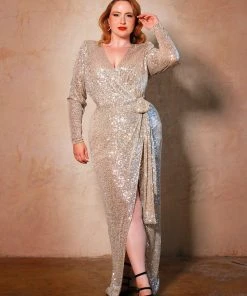 Final Sale - Dynasty 70s Sequined Wrap Gown In Champagne Gold | Rubber Ducky Shop All In-Stock Items By Size