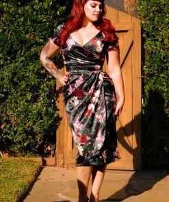 Final Sale - Ava Faux Wrap Wiggle Dress In Dark Bella Roses Satin | Pinup Couture Shop All In-Stock Items By Size