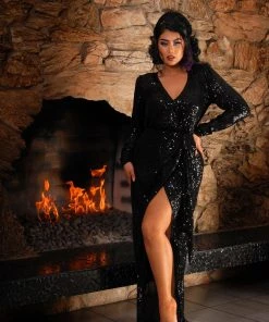 Final Sale - Dynasty 70s Sequined Wrap Gown In Black | Rubber Ducky Shop All In-Stock Items By Size