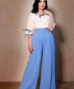 Dietrich Vintage Wide Leg Palazzo Pants In Light Blue Crepe 32