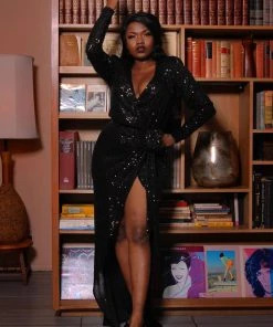 Final Sale - Dynasty 70s Sequined Wrap Gown In Black | Rubber Ducky Shop All In-Stock Items By Size