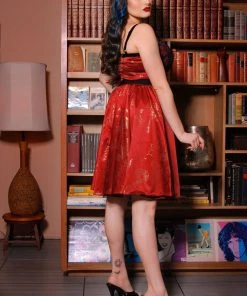 Shop All In-Stock Items By Size Final Sale - Courtney Vintage Swing Dress In Burgundy & Gold Witchy Toile Satin | Pinup Couture