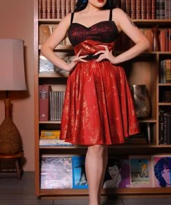 Shop All In-Stock Items By Size Final Sale - Courtney Vintage Swing Dress In Burgundy & Gold Witchy Toile Satin | Pinup Couture