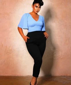 Viva Top Vintage 40's Inspired Flutter Sleeve Blouse In Light Blue | Laura Byrnes Design