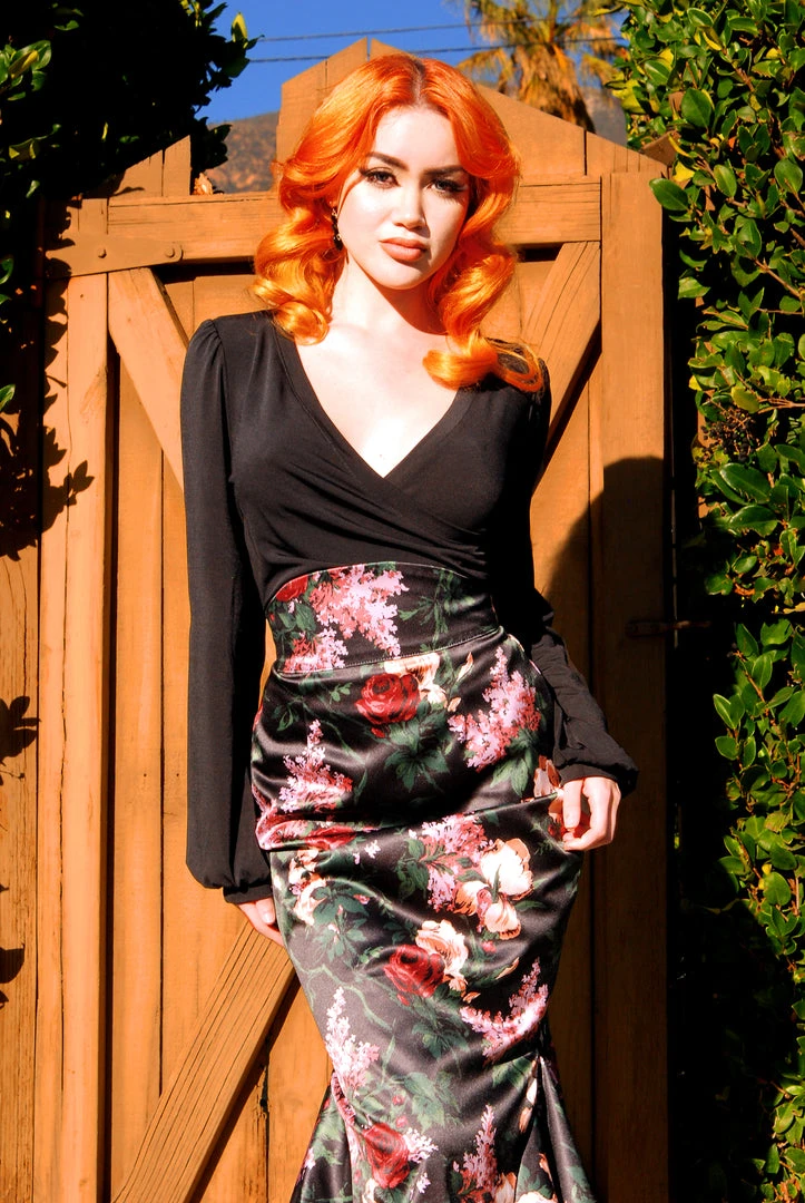What's New, Pussycat? Yvonne Skirt In Dark Bella Roses Satin | Laura Byrnes Design 8 What's New, Pussycat? Yvonne Skirt In Dark Bella Roses Satin | Laura Byrnes Design