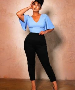 What's New, Pussycat? Viva Top Vintage 40's Inspired Flutter Sleeve Blouse In Light Blue | Laura Byrnes Design