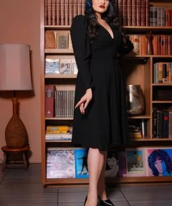 Laura Byrnes Design Final Sale - Luna 40s Swing Dress In Black Crepe | Laura Byrnes Shop All In-Stock Items By Size