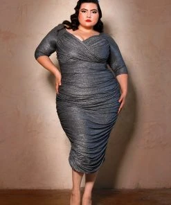 Laura Byrnes Design Laura Byrnes California Monica Wiggle Dress In Black And Silver Lurex Knit Shop All In-Stock Items By Size