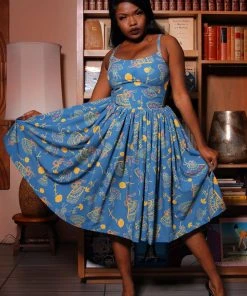 LBHM Final Sale - Jenny Vintage Day Dress In Teal Spanish Fans Crepe | Laura Byrnes & Hope Morrison