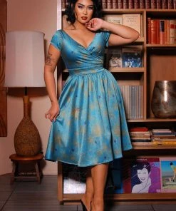 Laura Byrnes Design Shop All In-Stock Items By Size Final Sale - Ava Vintage Style Swing Cocktail Dress In Teal & Gold Spiderweb Satin | Laura Byrnes