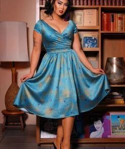 Laura Byrnes Design Final Sale - Ava Vintage Style Swing Cocktail Dress In Teal & Gold Spiderweb Satin | Laura Byrnes Shop All In-Stock Items By Size