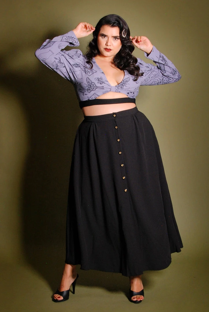 LB Selene Button Front Midi Skirt In Black Stretch Crepe | Laura Byrnes What's New, Pussycat? 6 LB Selene Button Front Midi Skirt In Black Stretch Crepe | Laura Byrnes What's New, Pussycat?