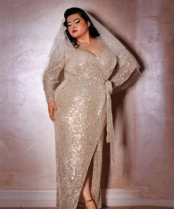 Final Sale - Dynasty 70s Sequined Wrap Gown In Champagne Gold | Rubber Ducky Shop All In-Stock Items By Size