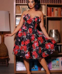 Final Sale - Bela Strapless Bustier Swing Dress In Red Roses Sateen | Pinup Couture