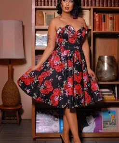 Final Sale - Bela Strapless Bustier Swing Dress In Red Roses Sateen | Pinup Couture 11 Final Sale - Bela Strapless Bustier Swing Dress In Red Roses Sateen | Pinup Couture