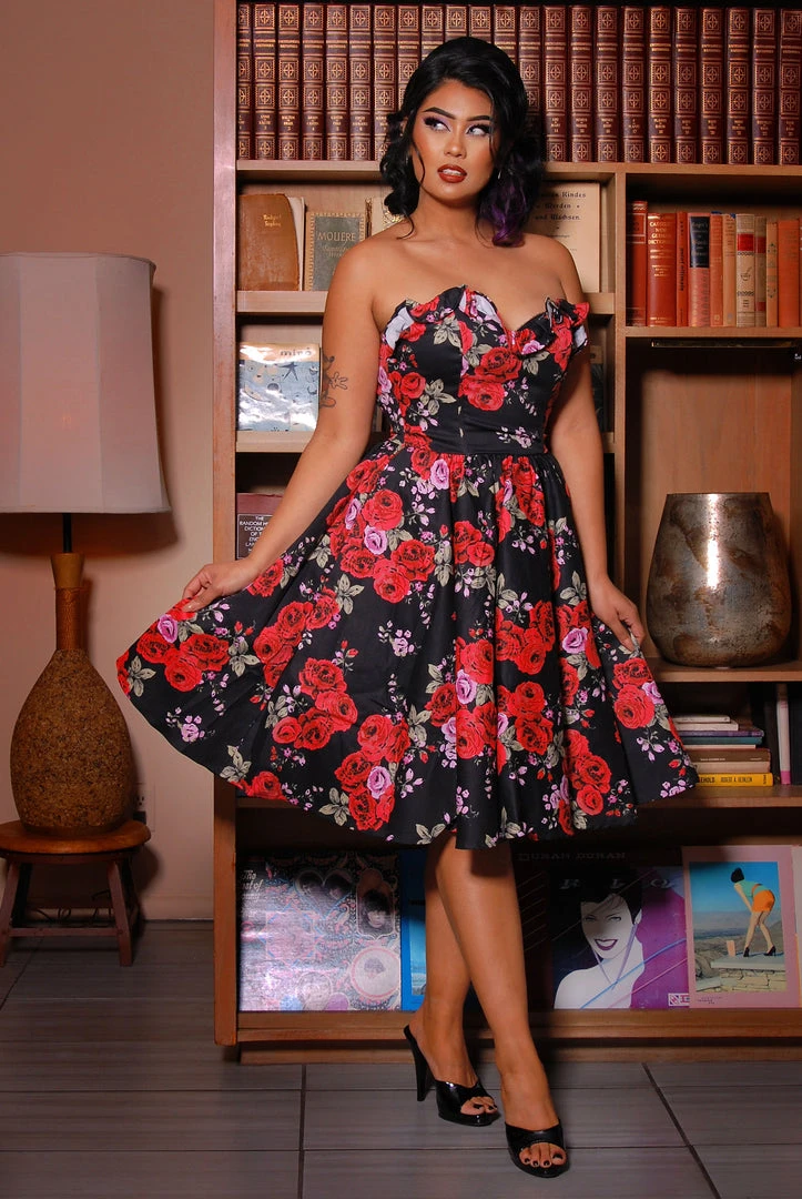 Final Sale - Bela Strapless Bustier Swing Dress In Red Roses Sateen | Pinup Couture 5 Final Sale - Bela Strapless Bustier Swing Dress In Red Roses Sateen | Pinup Couture