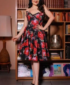 Final Sale - Bela Strapless Bustier Swing Dress In Red Roses Sateen | Pinup Couture 13 Final Sale - Bela Strapless Bustier Swing Dress In Red Roses Sateen | Pinup Couture