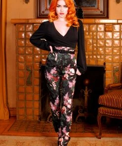 Pinupy Girl Store 28 What's New, Pussycat? LB Long Trousers In Dark Bella Roses Gabardine | Laura Byrnes Design