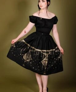 LBHM Final Sale - Bella Gathered Swing Skirt In Black & Gold Deco Spiderweb Border Print | Laura Byrnes & Hope Morrison
