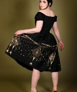 LBHM Final Sale - Bella Gathered Swing Skirt In Black & Gold Deco Spiderweb Border Print | Laura Byrnes & Hope Morrison