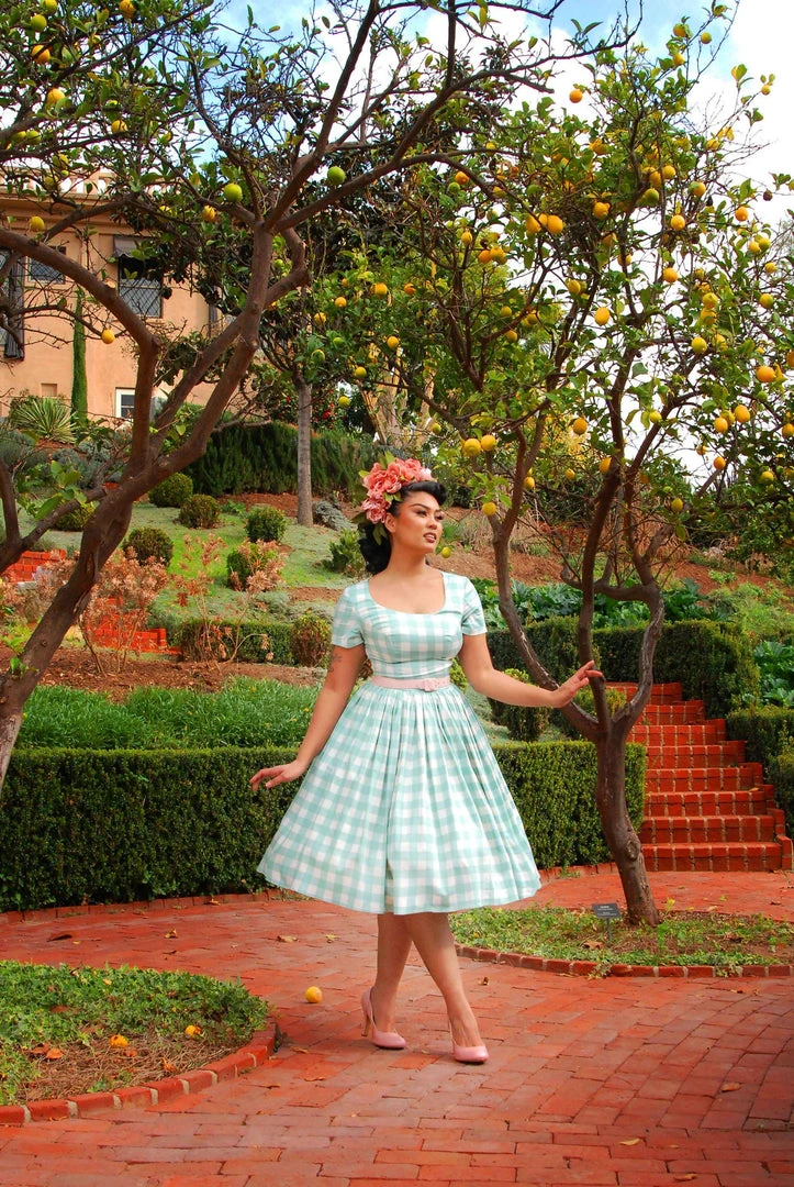 LBHM Shop All In-Stock Items By Size Final Sale - The Gena Vintage Day Dress In Sage Green Gingham Cotton Sateen | Laura Byrnes & Hope Morrison 3 LBHM Shop All In-Stock Items By Size Final Sale - The Gena Vintage Day Dress In Sage Green Gingham Cotton Sateen | Laura Byrnes & Hope Morrison