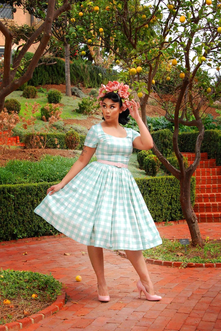 LBHM Shop All In-Stock Items By Size Final Sale - The Gena Vintage Day Dress In Sage Green Gingham Cotton Sateen | Laura Byrnes & Hope Morrison 5 LBHM Shop All In-Stock Items By Size Final Sale - The Gena Vintage Day Dress In Sage Green Gingham Cotton Sateen | Laura Byrnes & Hope Morrison