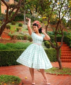 LBHM Final Sale - The Gena Vintage Day Dress In Sage Green Gingham Cotton Sateen | Laura Byrnes & Hope Morrison