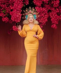 Pinup Girl Clothing What's New, Pussycat? Gia Art Deco Gown In Mustard With Bishop Sleeves | Laura Byrnes