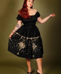 LBHM Final Sale - Bella Gathered Swing Skirt In Black & Gold Deco Spiderweb Border Print | Laura Byrnes & Hope Morrison